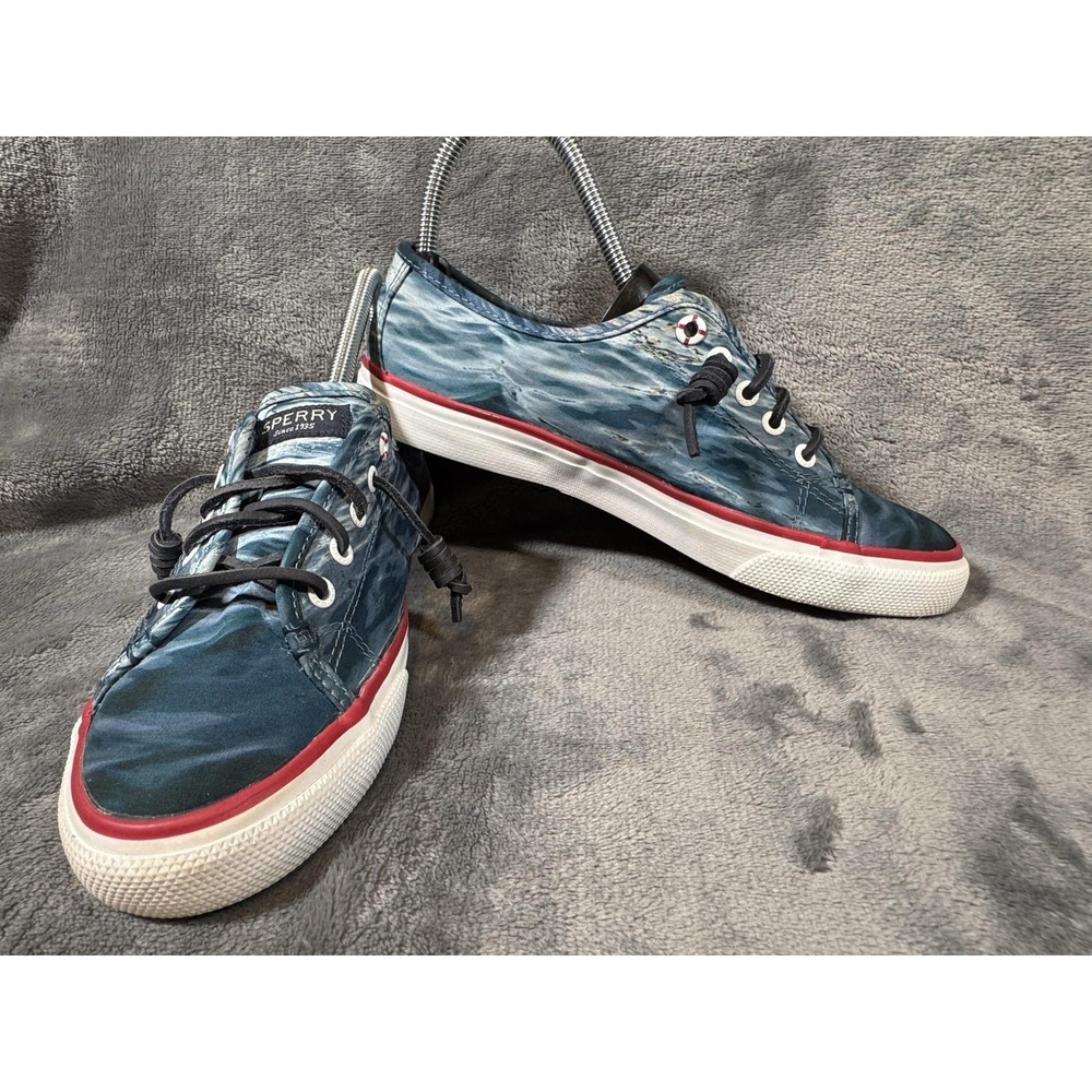Sperry X Jaws Shoes Womens Size 7.5 Blue Ocean Print Canvas Sneakers STS97113